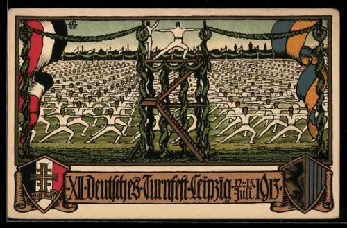 Künstler-AK Leipzig, XII. Deutsches Turnfest 1913, Turner bei gemeinsamen Übungen