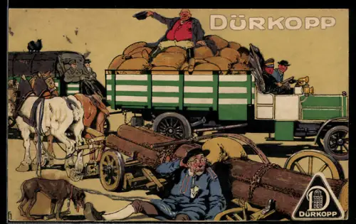AK Reklame für Lastkraftwagen von Dürkopp im Vergleich mit Pferden, Forst- und Landwirtschaft
