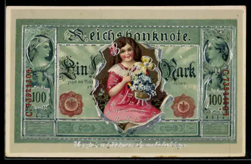 AK Reichsbanknote mit Mädchen als Gratulantin, Blumen, Geburtstagsgruss