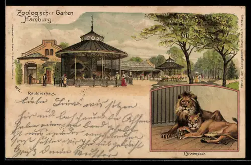 Lithographie Hamburg, Zoologischer Garten, Raubtierhaus, Löwenpaar