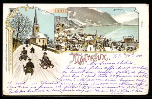 Winter-Lithographie Montreux, Ortsansicht am Genfer See, Kirche von Montreux, Personen beim Schlittenfahren