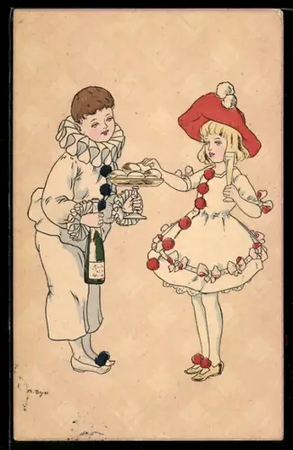 Künstler-AK A. Beyer, Harlekin gibt hübschen Mädchen Berliner und eine Flasche Sekt