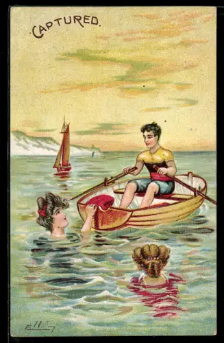 AK Mann rudert an zwei Frauen im Wasser vorbei