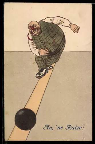 Präge-AK Korpulenter Mann beim Kegeln