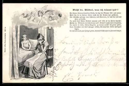 AK Mutter weint am Bett ihres Kindes, über ihnen Engel, Weisst du, Mütterl, was ich träumt hab`?, Vergänglichkeit