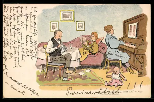 Lithographie Mann stopft eine Socke, Frau spielt Klavier