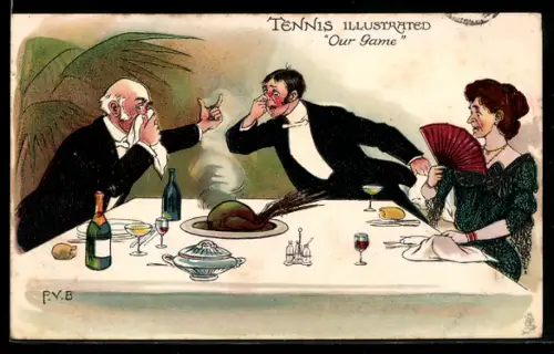 Künstler-AK sign. P.V.B: Elegante Gesellschaft am Tisch mit einem angebrannten Vogel