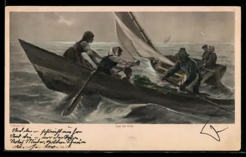 Künstler-AK sign. K. Raupp: Ruderer auf stürmischer See