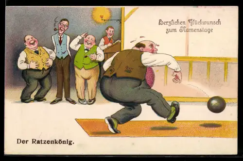 AK Korpulenter Mann beim Kegeln wird ausgelacht