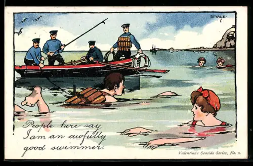 Künstler-AK sign. Smale: Mann mit Schwimmweste neben einem Boot