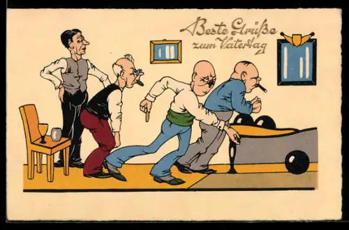 AK Männer beim Kegeln, Zum Geburtstagsfeste ein Gut Holz!