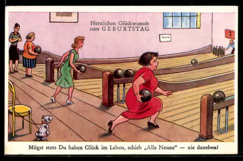 AK Frauen auf einer Kegelbahn mit einem Hund