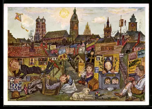 AK München, Stadtpartie mit berühmten Philosophen des Humors