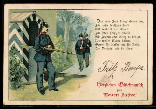 AK Neujahrsgrusskarte mit Soldaten in Uniform und Gewehren