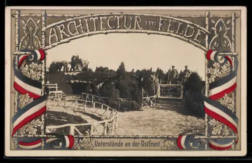 AK Architektur im Felde, Unterstände an der Ostfront, Rahmen mit Reichsfahne