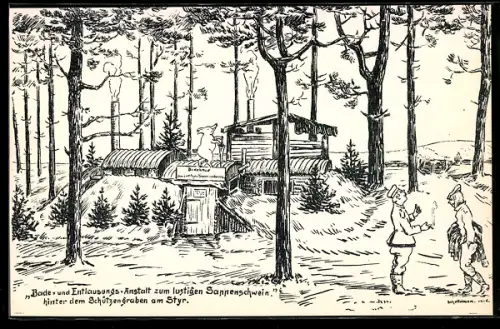 AK Bade- und Entlausungs-Anstalt zum lustigen Sonnenschwein hinter dem Schützengraben am Styr