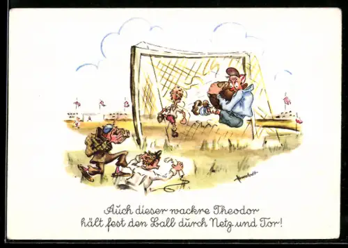 Künstler-AK sign. Hovestadt: Männ hält einen Fussball und fliegt dennoch ins Tor