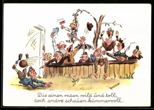 Künstler-AK sign. Hovestadt: Fussballer verliert den Ball während das Publikum verrücktspielt