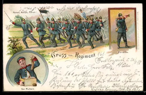 Lithographie Soldaten eines Regiments beim Ausmarsch