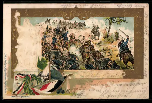 Präge-AK Bespannte Artillerie im Angriff an einem Hügel, Germania mit Kaiserkrone