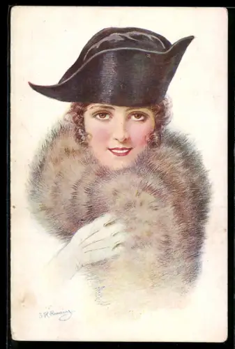 Künstler-AK sign. Reading: Dame mit Hut und Pelz