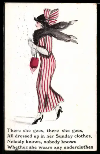 Künstler-AK Dame im gestreiften Kleid mit Pelz