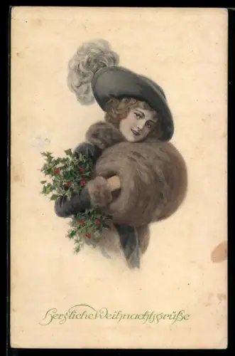 AK Porträt einer Dame mit Pelzmuff und Stechpalmenzweigen