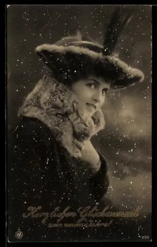 AK Dame mit Pelz im Schneegestöber