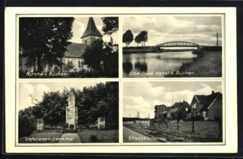 AK Büchen, Elbe-Trave-Kanal mit Brücke, Strasse von Pöltrau, Gefallenen-Denkmal, Kirche von Büchen
