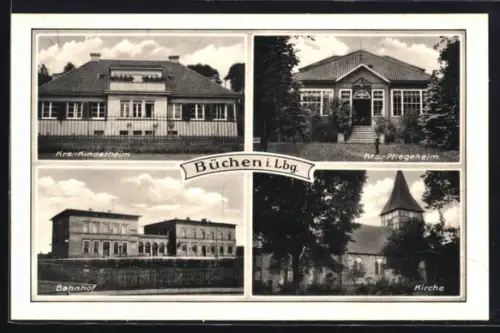 AK Büchen i. Lbg., Krs.-Kinderheim, Krs.-Pflegeheim, Bahnhof, Kirche