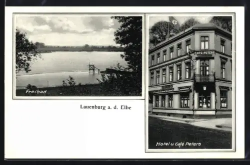 AK Lauenburg a. d. Elbe, Hotel u. Café Peters mit , und Freibad