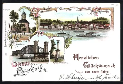 Lithographie Lauenburg a. E., Uferpartie, Amtsturm, Elbbrücke, Neujahrsgruss