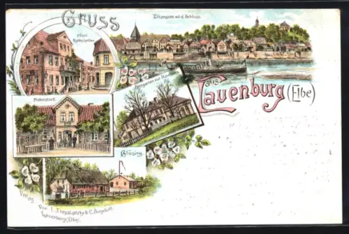 Lithographie Lauenburg / Elbe, Hotel Rathskeller, Hohnstorf, Gasthaus Biergarten zur Maxburg