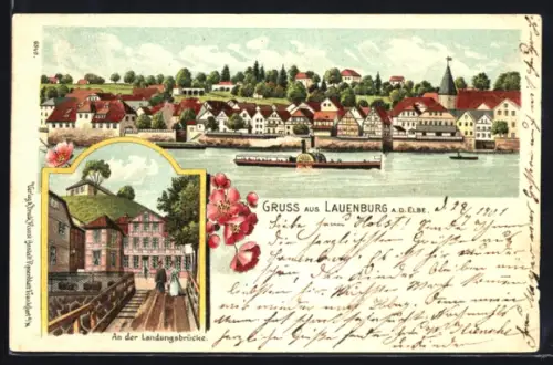 Lithographie Lauenburg a. d. Elbe, Panorama, Elbedampfer, An der Landungsbrücke