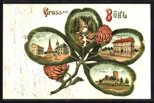 Passepartout-Lithographie Bühl, Burgruine Alt-Windeck, Kreishaushaltungsschule und Gertelbachfälle im Kleeblatt