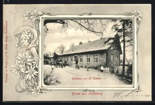 Lithographie Escheburg, Gasthaus von H. Tonner, Frau mit Edelweiss, Passepartout