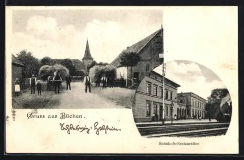 AK Büchen, Bahnhofs-Restaurant, Strassenpartie mit Kirche