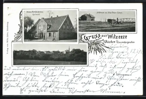 Lithographie Witzeeze bei Büchen, Gasthaus Franz Krützmann, Schleuse am Elbe Trave Canal, Panorama