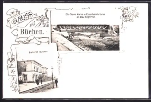 AK Büchen, Bahnhof, Elb-Trave Kanal und Eisenbahnbrücke im Bau begriffen