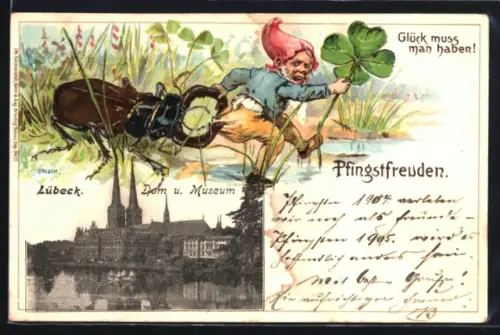 Präge-Lithographie Lübeck, Dom u. Museum, Zwerg mit Hirschkäfer u. Kleeblatt, Pfingstfreuden
