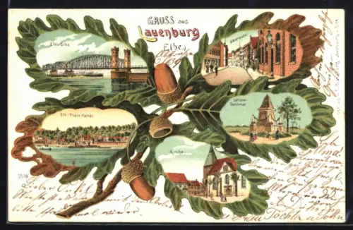 Passepartout-Lithographie Lauenburg /Elbe, Elbstrasse, Lützow-Denkmal, Elb-Trave-Kanal, im Eichenblatt
