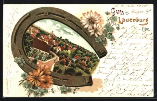 Passepartout-Lithographie Lauenburg /Elbe, Totalansicht vom Schlosssturm, im Hufeisen, Blumen