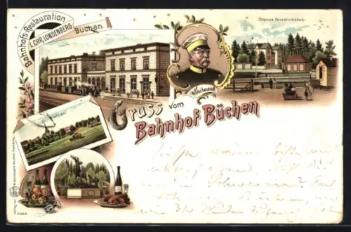 Lithographie Büchen, Bahnhofs-Restaurant Büchen, Schloss Friedrichsruh, Denkmal