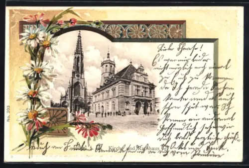 Passepartout-Lithographie Bühl i. B., Kirche und Rathaus, Blumen