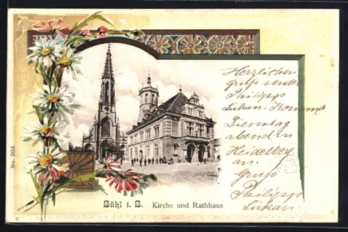 Passepartout-Lithographie Bühl i. B., Kirche und Rathaus, Margeriten