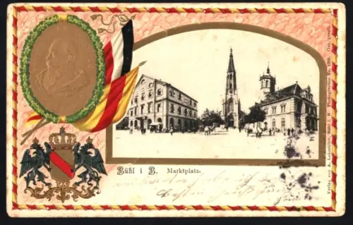 Passepartout-Lithographie Bühl i. B., Marktplatz mit Kirche, Friedrich von Baden, Wappen, Fahnen