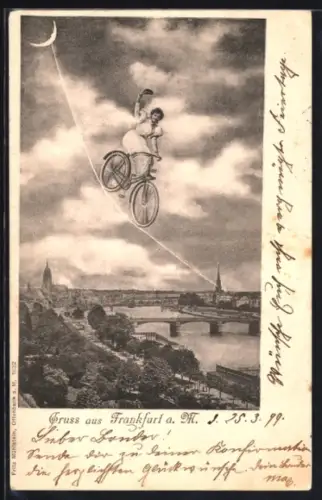 AK Frankfurt a. M., Fliegender Mensch über der Stadt