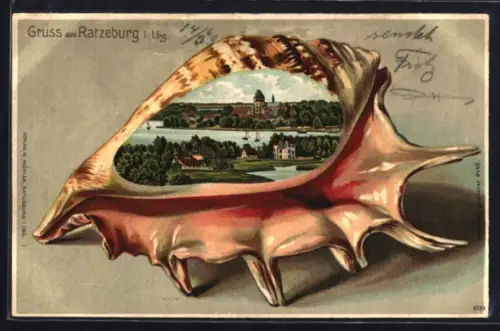Passepartout-Lithographie Ratzeburg, Ortsansicht in einer Muschel