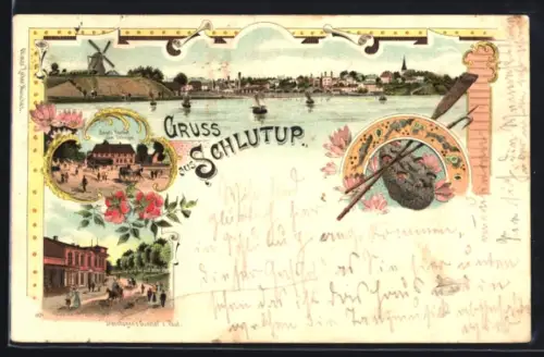 Lithographie Schlutup, Boge`s Gasthof zum Schwan, Steenhagen`s Gasthof zur Post