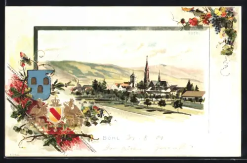 Passepartout-Lithographie Bühl /Baden, Ortsansicht aus der Vogelschau, Wappen und Eichenzweig